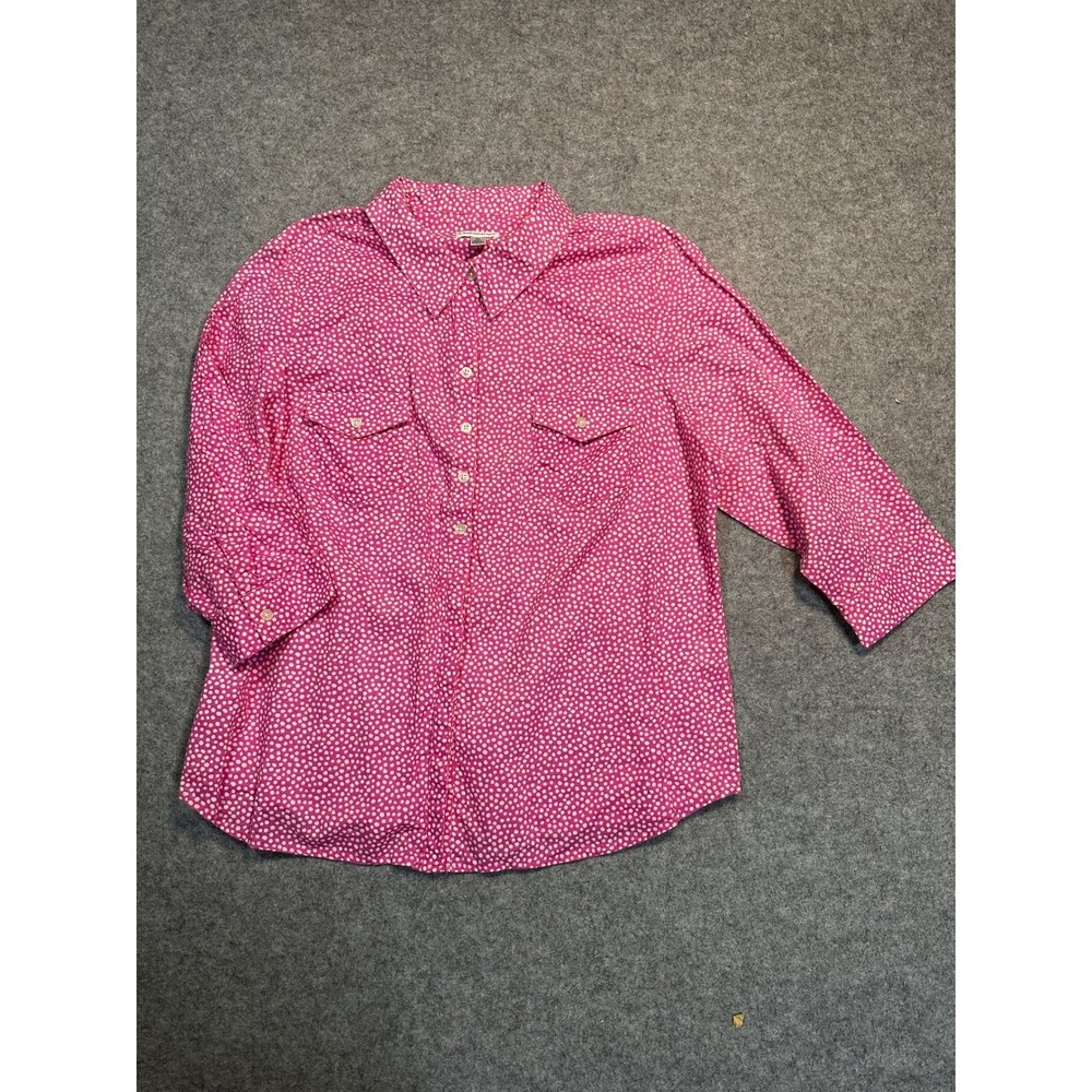 Croft & Barrow Womens XL Pink Polka Dot Button Down 3/4 Sleeve Shirt Top
